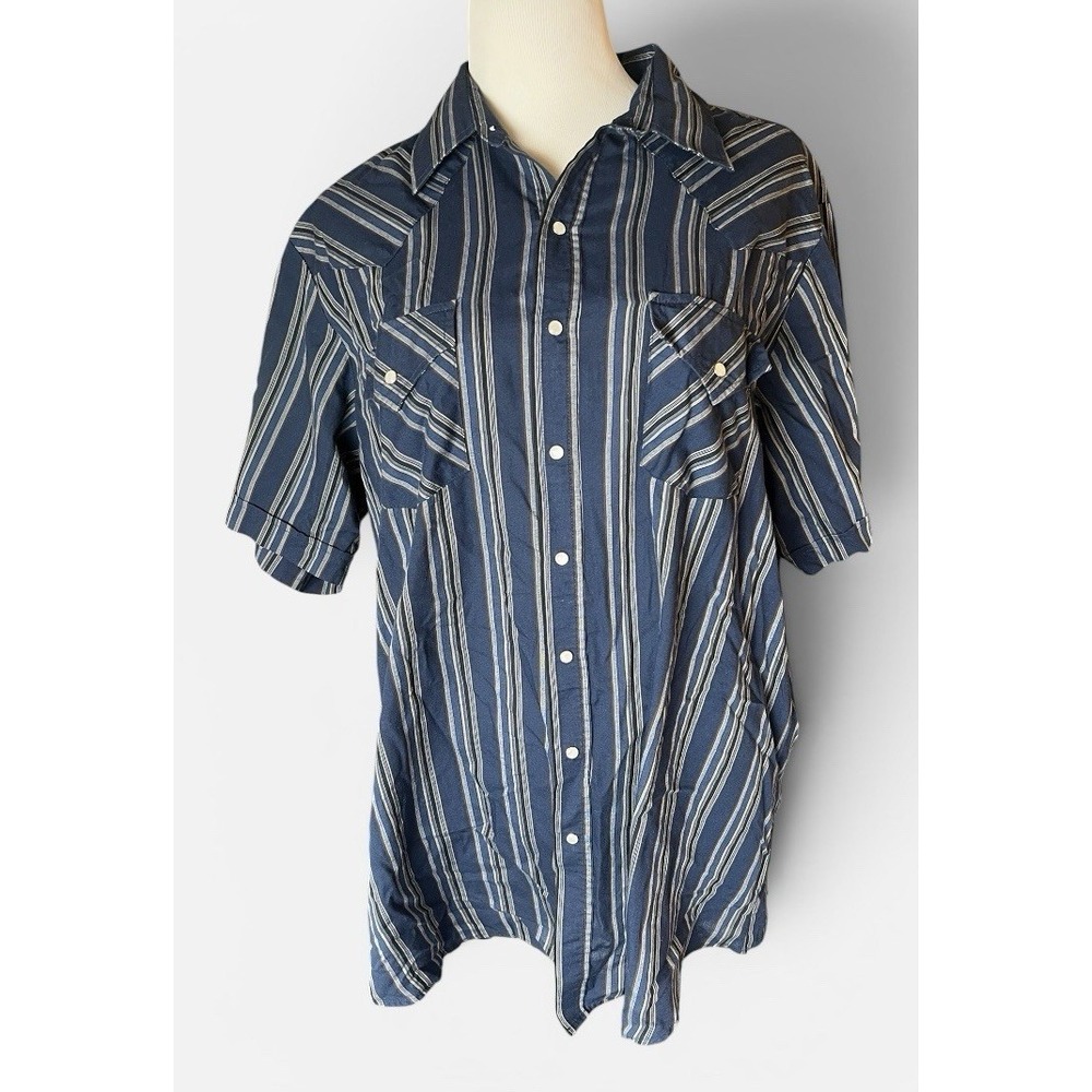 Ely Cattleman Pearl Snap Shirt Short Sleeve XLT Blue Stripe Cowboy Western Rodeo